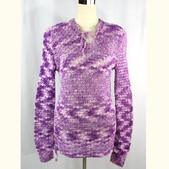 Hand Knit Purple Heather Tie Front Crochet Sweater Tunic Long Sleeve Boho Small - Picture 1 of 6